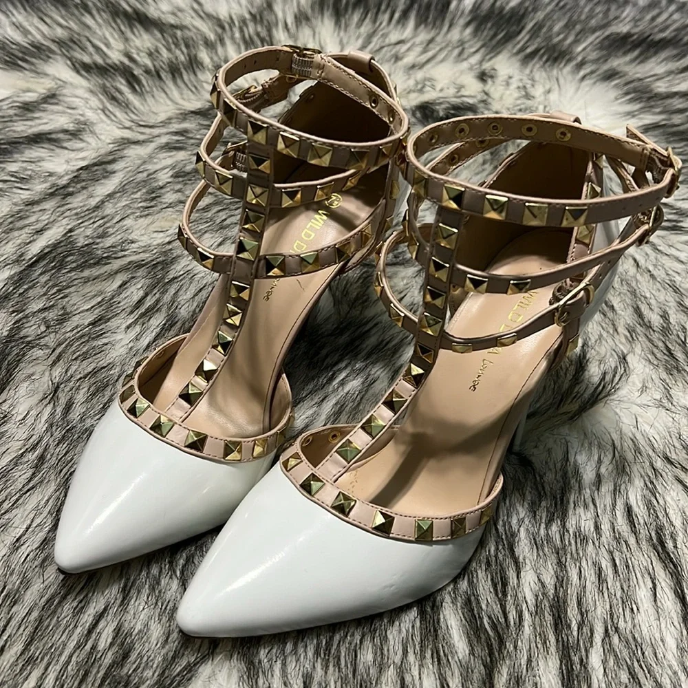 Wild Diva Adora White Patent & Nude Gold Studded Strappy Heels 7.5 - Picture 3 of 13